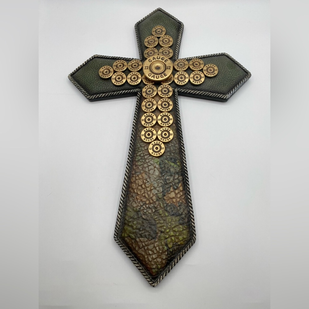 Western 12 Gauge Shell Casings Wall Cross Camouflage Faux Leather Rope Trim